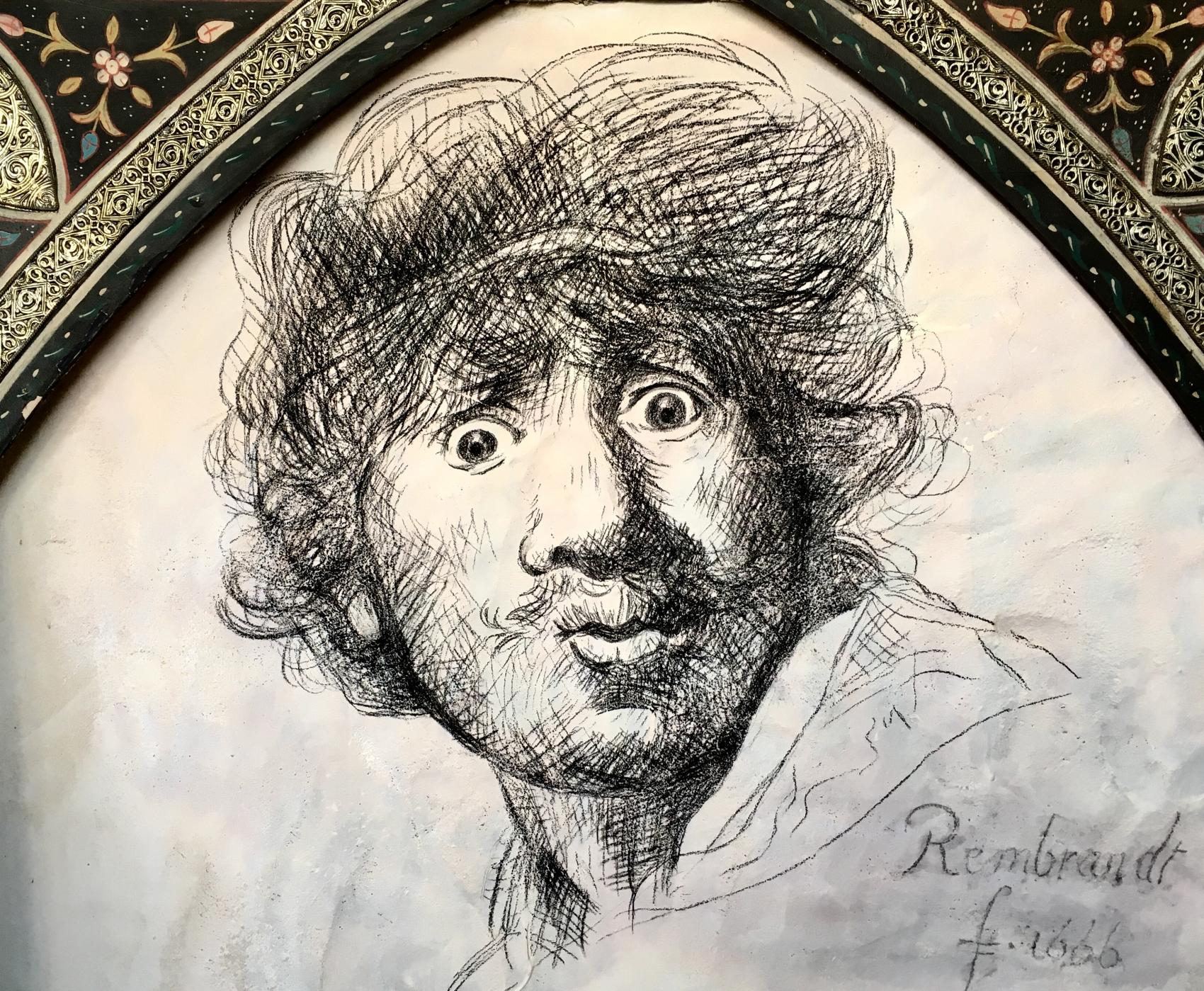 Rembrandt, reproduction auto portrait, fusain, jÃ©rÃ´me Clochard, Absolut mosaÃ¯que, dessin, illustration